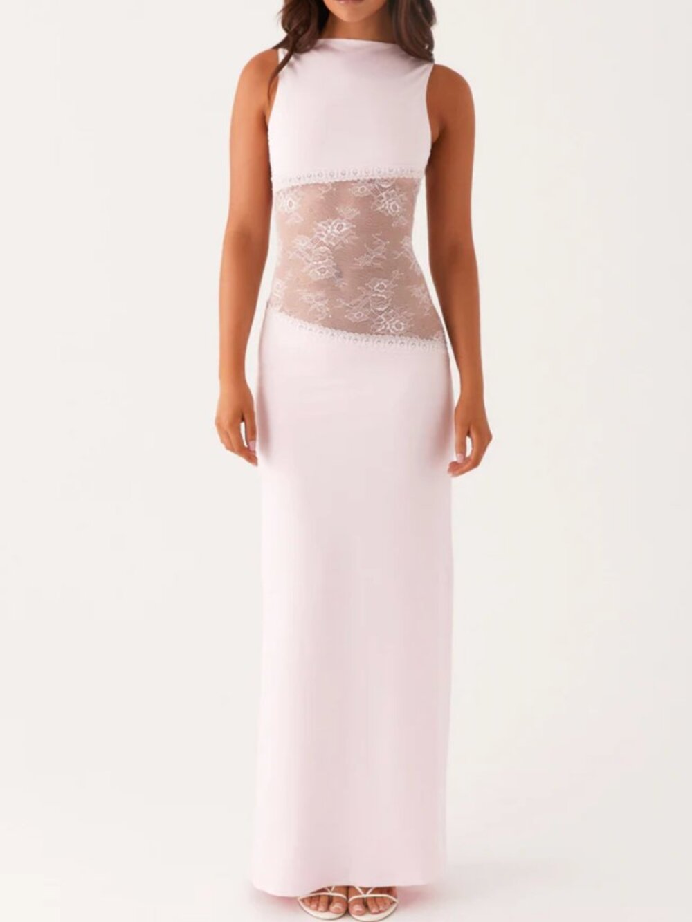 Pink Maxi Dress M Bodycon Lace Sheer Keyhole open Back High Neck Sleeveless